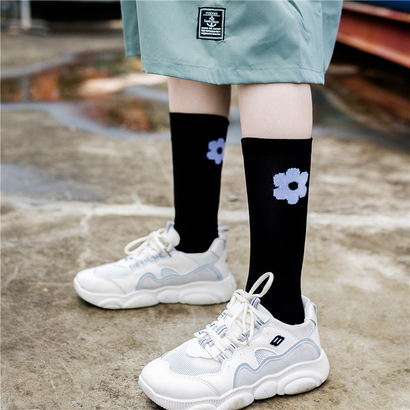 Summer Fall Color Socks Barreled Small Flowers Tube Socks Female Socks Japanese Fresh Retro Wave Socks